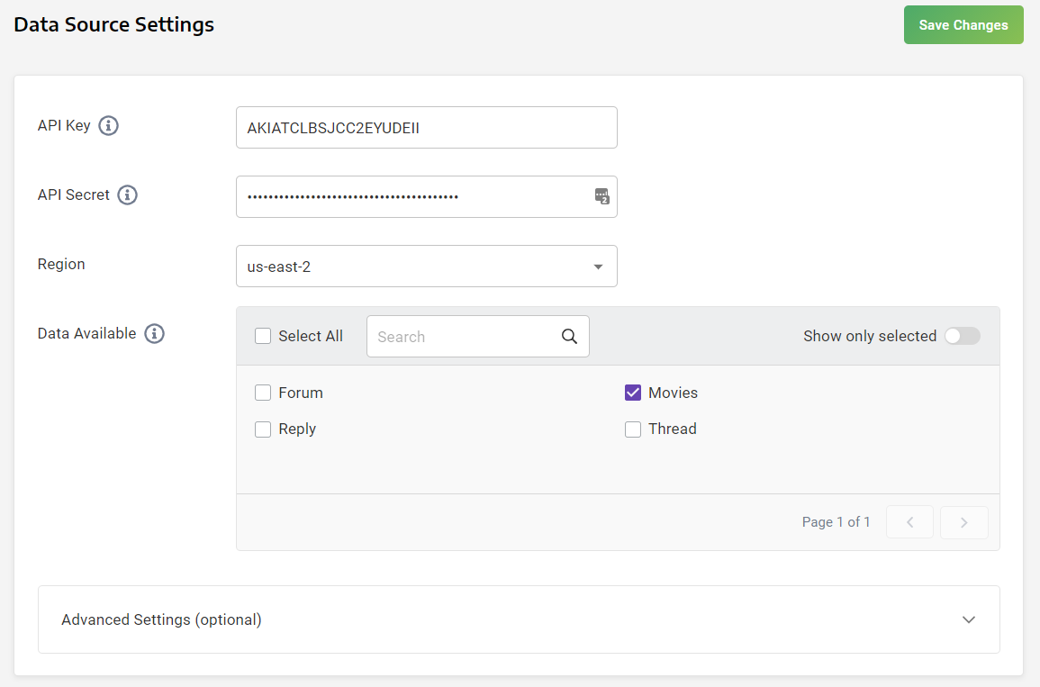 DynamoDB Data Source Settings