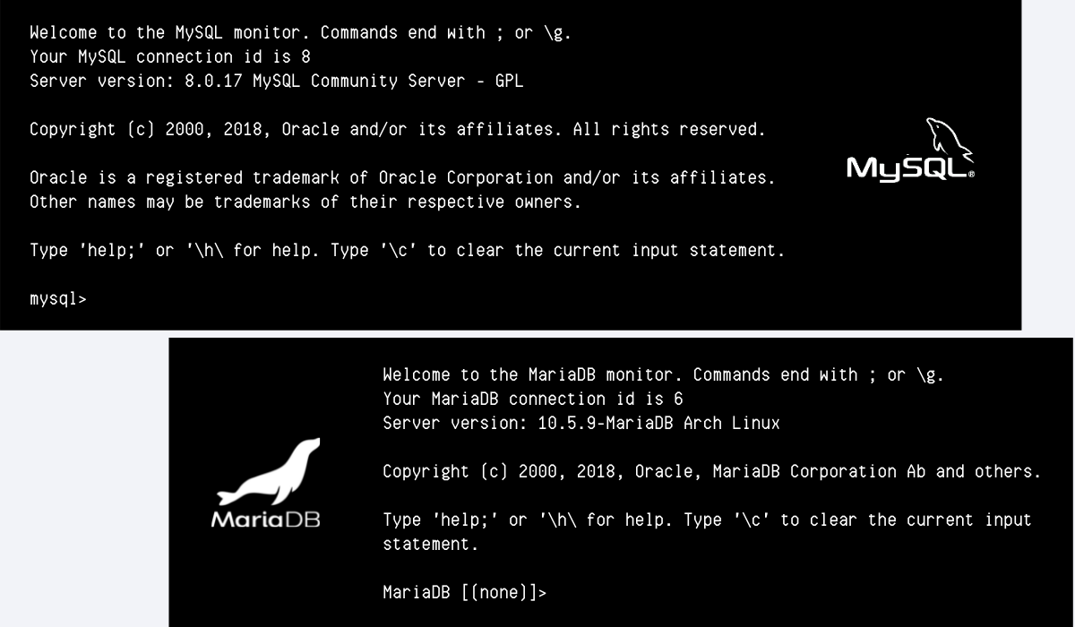 Screenshots of the MySQL and MariaDB command line clients. Almost all of the copy is the same.