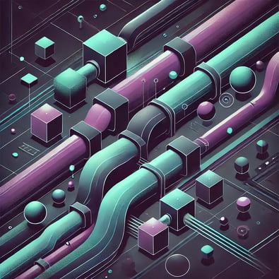 DALL·E 2024-09-23 22.38.41 - An abstract illustration depicting data pipelines with a predominantly dark purple color scheme, with teal and white as secondary colors. The pipeline