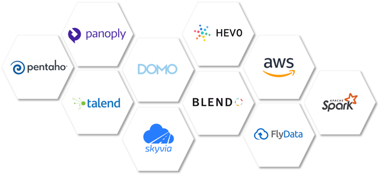 An image of 10 ETL tool logos in hexagons.