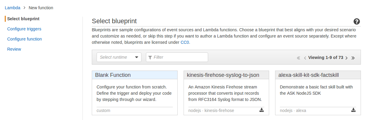 aws lambda function select blue print