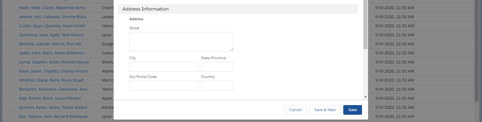 However, in the Salesforce data model, the Address Information section is child-level nested data attached to a lead.