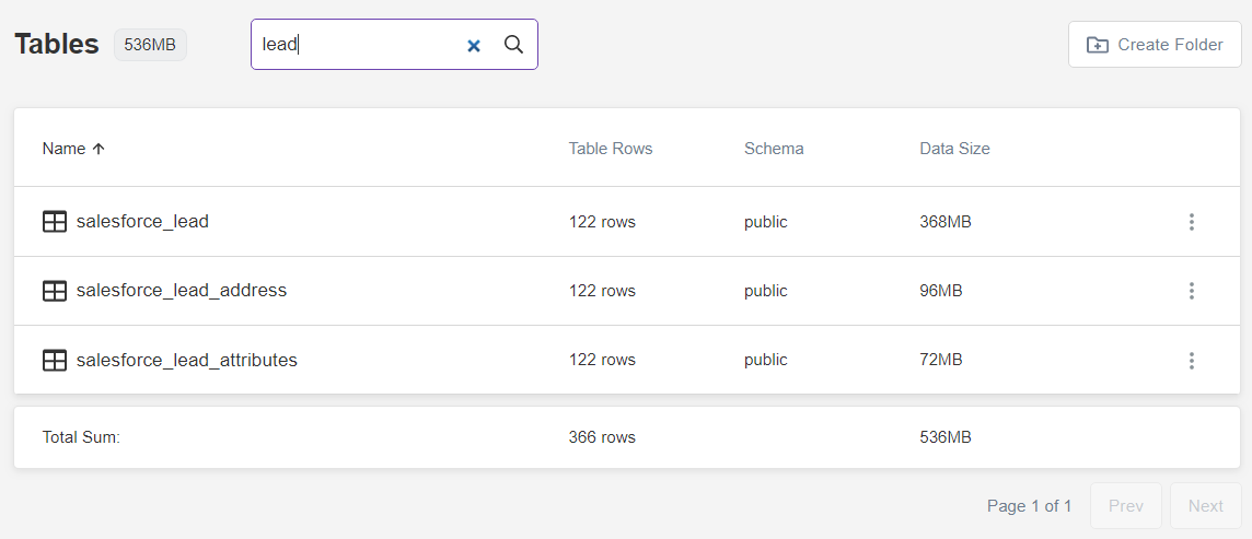 Enter a term in the Tables tab search box to find tables with that keyword.